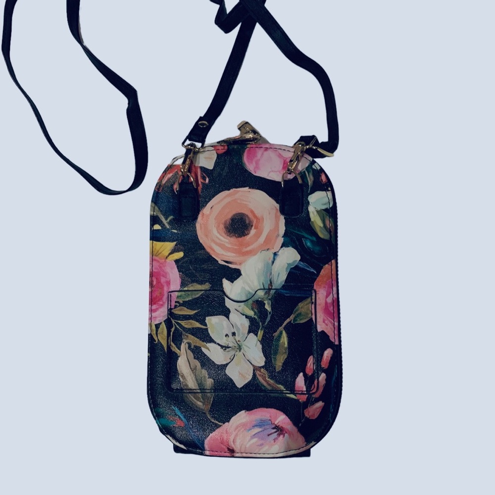 MONARQUE PINK FLORAL ON BLACK CROSSBODY BAG PURSE WALLET WATERCOLOR FLORAL PURSE - Picture 4 of 13